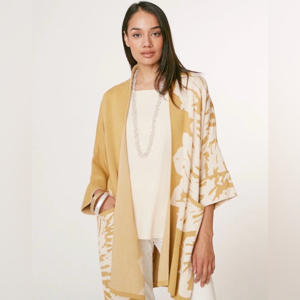 Marla Wynne Floral Jacquard Kimono Cardigan Sweater XS Cream Mustard